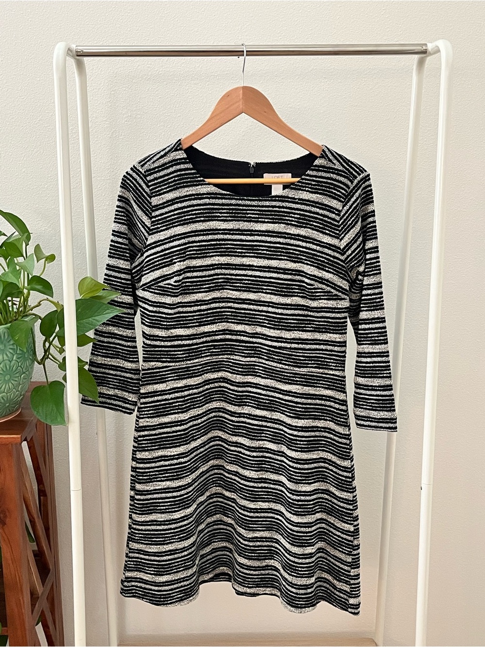 LOFT Black and White Striped 3/4 Long Sleeve Dress
